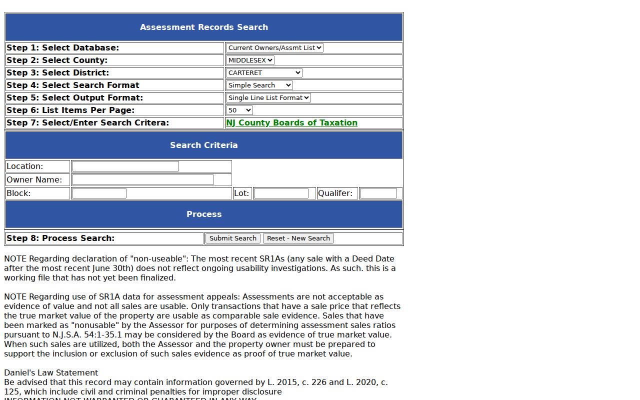 Carteret residents directory assessment search fields for address and owner research