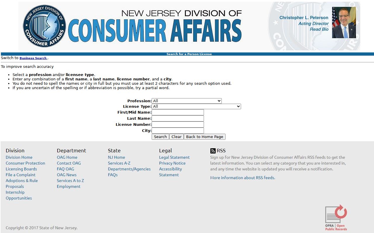 Carteret resident lookup source showing New Jersey professional license verification search